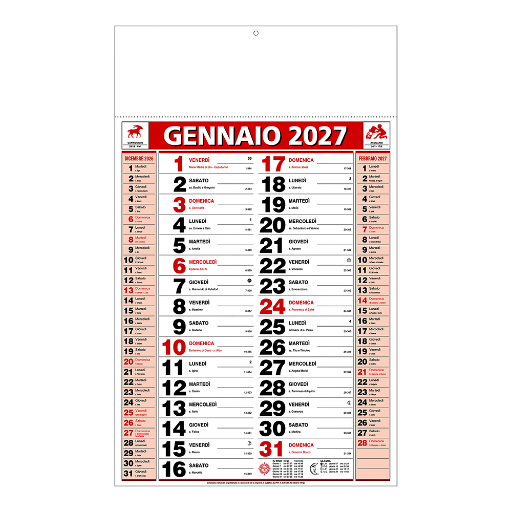 Calendario 2027 da muro mensile bicolore, 12 fogli, su carta patinata, termosaldato