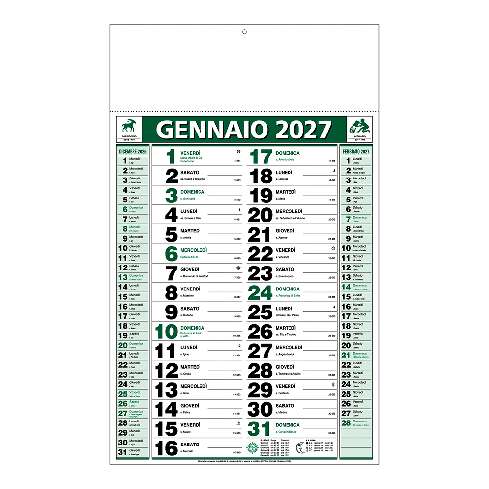 Calendario 2027 da muro mensile bicolore, 12 fogli, su carta patinata, termosaldato