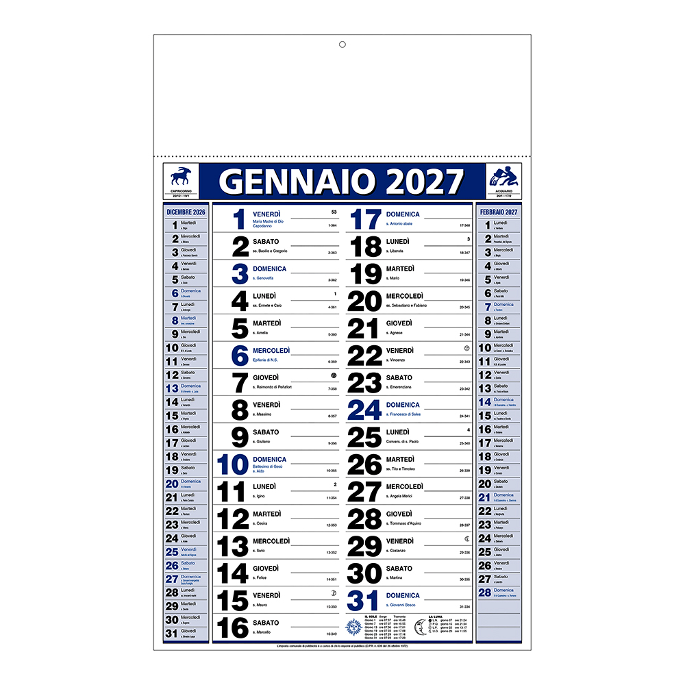 Calendario 2027 da muro mensile bicolore, 12 fogli, su carta patinata, termosaldato