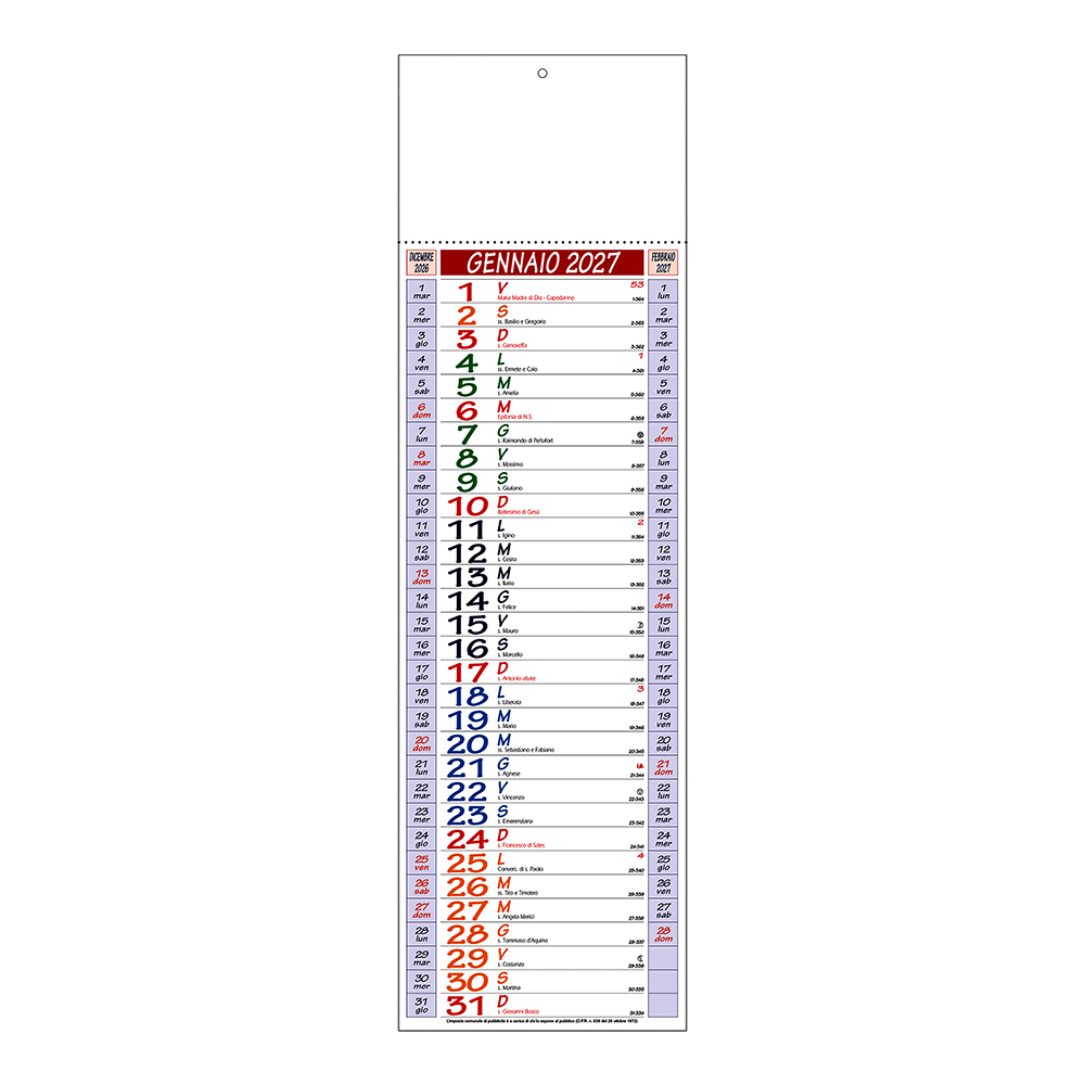 Calendario 2027 da muro, mensile, multicolore, 12 fogli su carta patinata, termosaldato