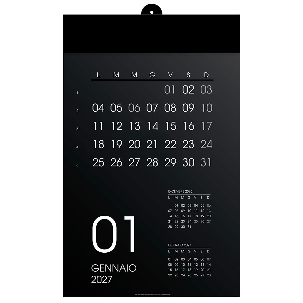 Calendario 2027 da parete mensile, 12 mesi, su cartoncino nero, termosaldato