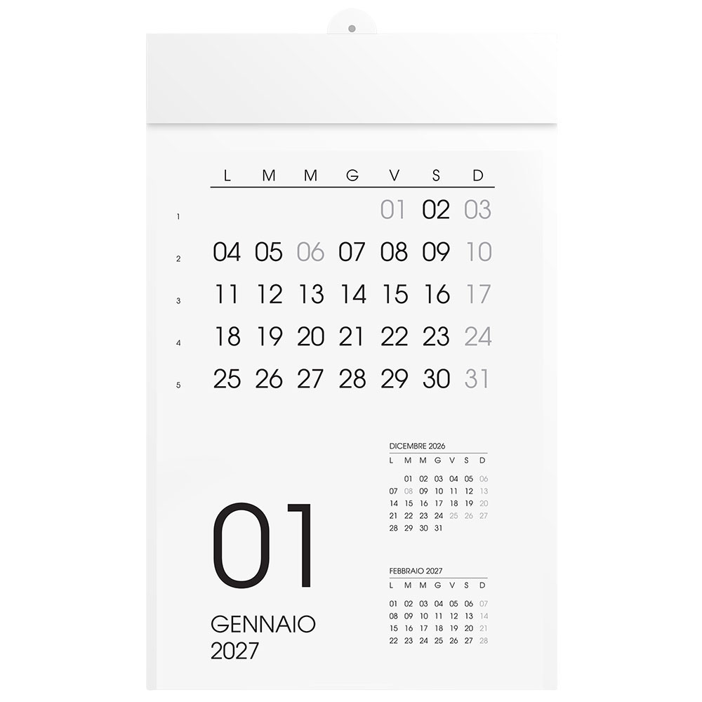 Calendario 2027 da parete mensile, 12 mesi, su cartoncino bianco, termosaldato