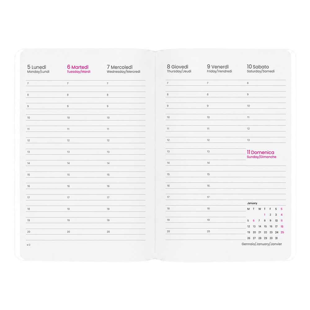 Agenda settimanale 2027. Copertina flessibile in soft PU e bordo pagine colorato