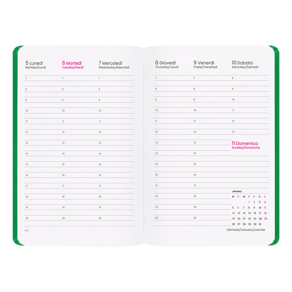 Agenda settimanale 2027. Copertina flessibile in soft PU e bordo pagine colorato