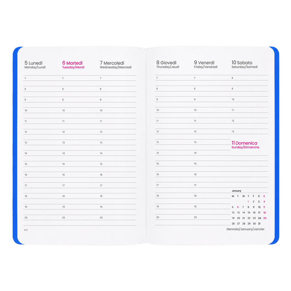 Agenda settimanale 2027. Copertina flessibile in soft PU e bordo pagine colorato