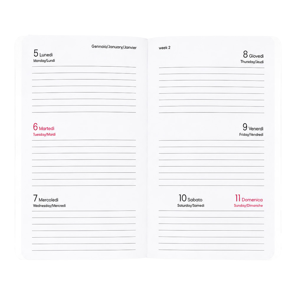 Agenda tascabile settimanale 2027. Copertina flessibile in soft PU e bordo pagine colorato