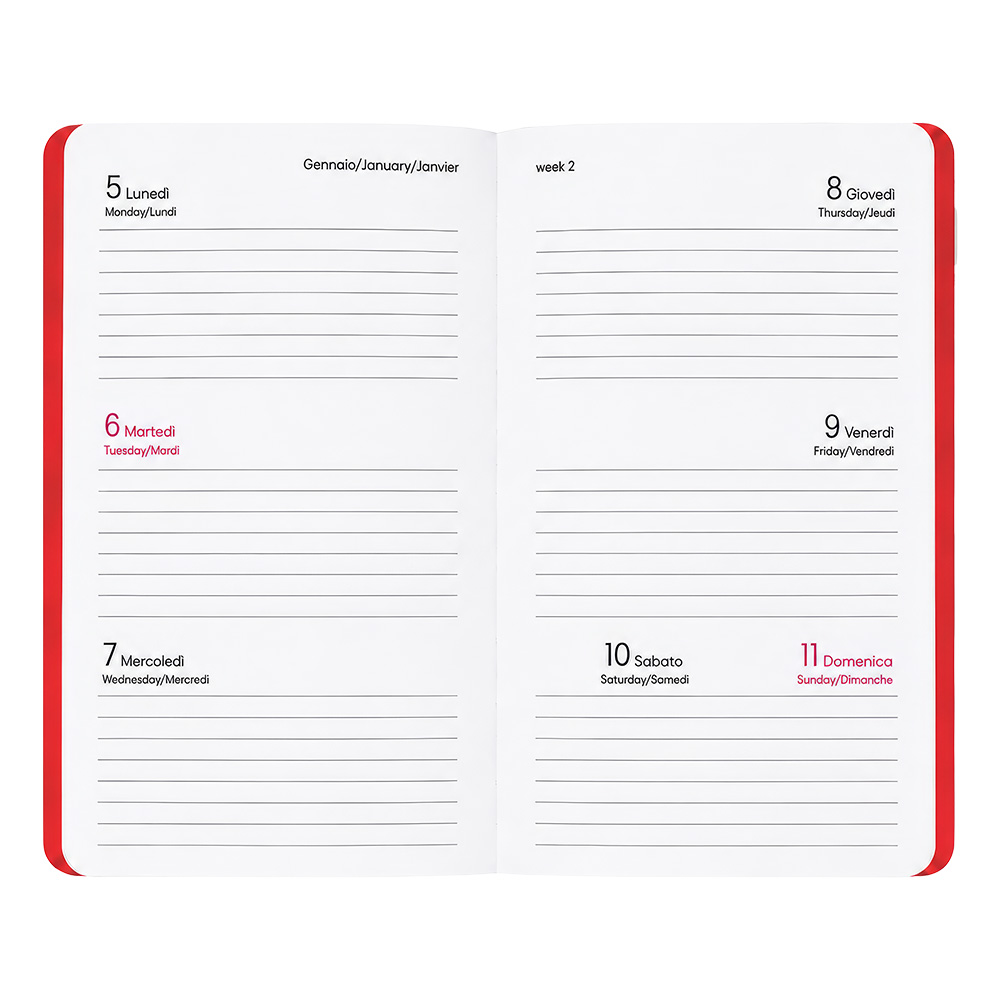 Agenda tascabile settimanale 2027. Copertina flessibile in soft PU e bordo pagine colorato