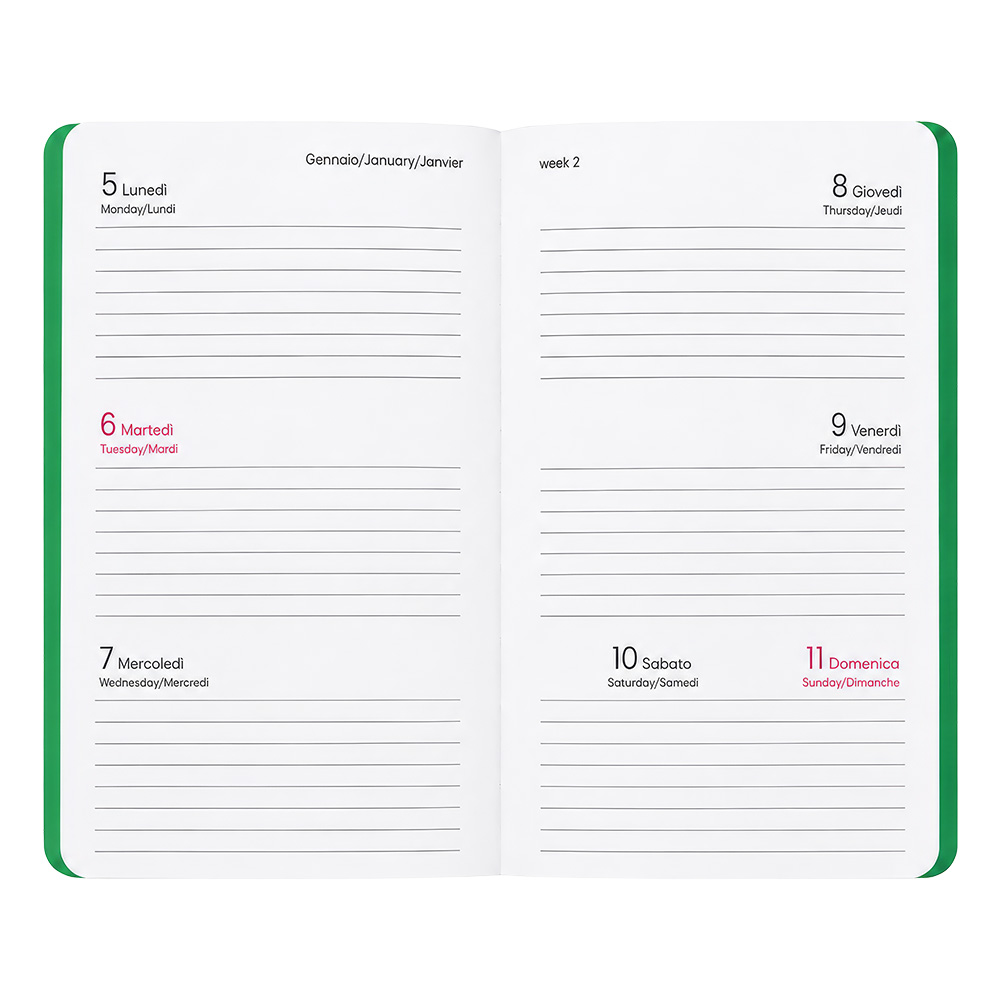 Agenda tascabile settimanale 2027. Copertina flessibile in soft PU e bordo pagine colorato