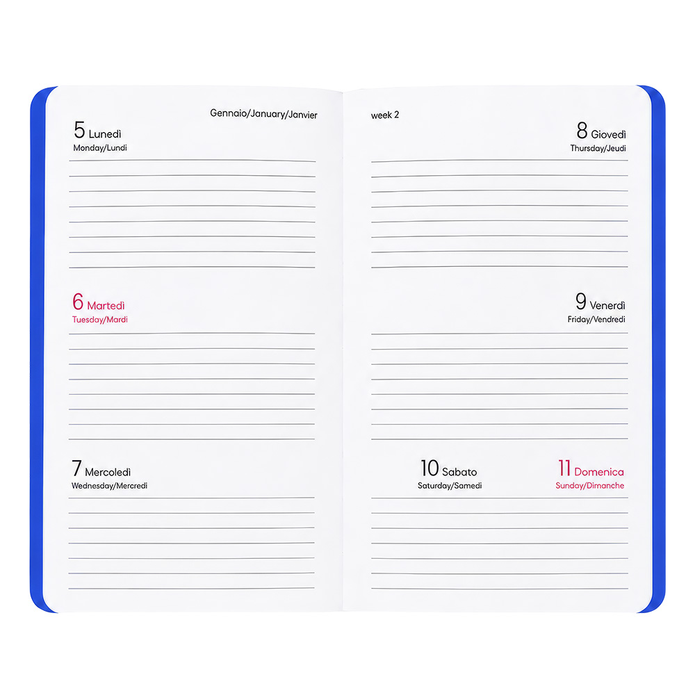Agenda tascabile settimanale 2027. Copertina flessibile in soft PU e bordo pagine colorato