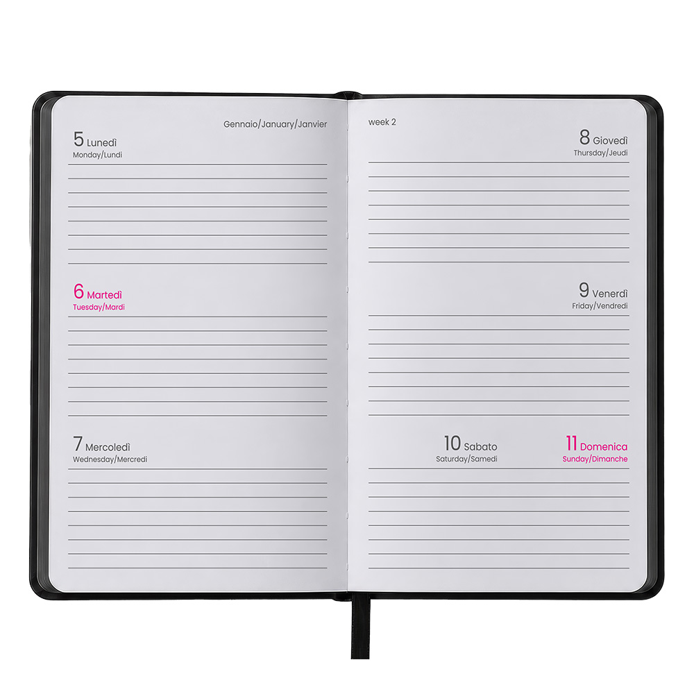 Agenda tascabile settimanale 2027. Copertina rigida in termo PU e bordo pagine colorato