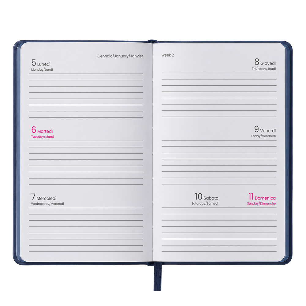 Agenda tascabile settimanale 2027. Copertina rigida in termo PU e bordo pagine colorato