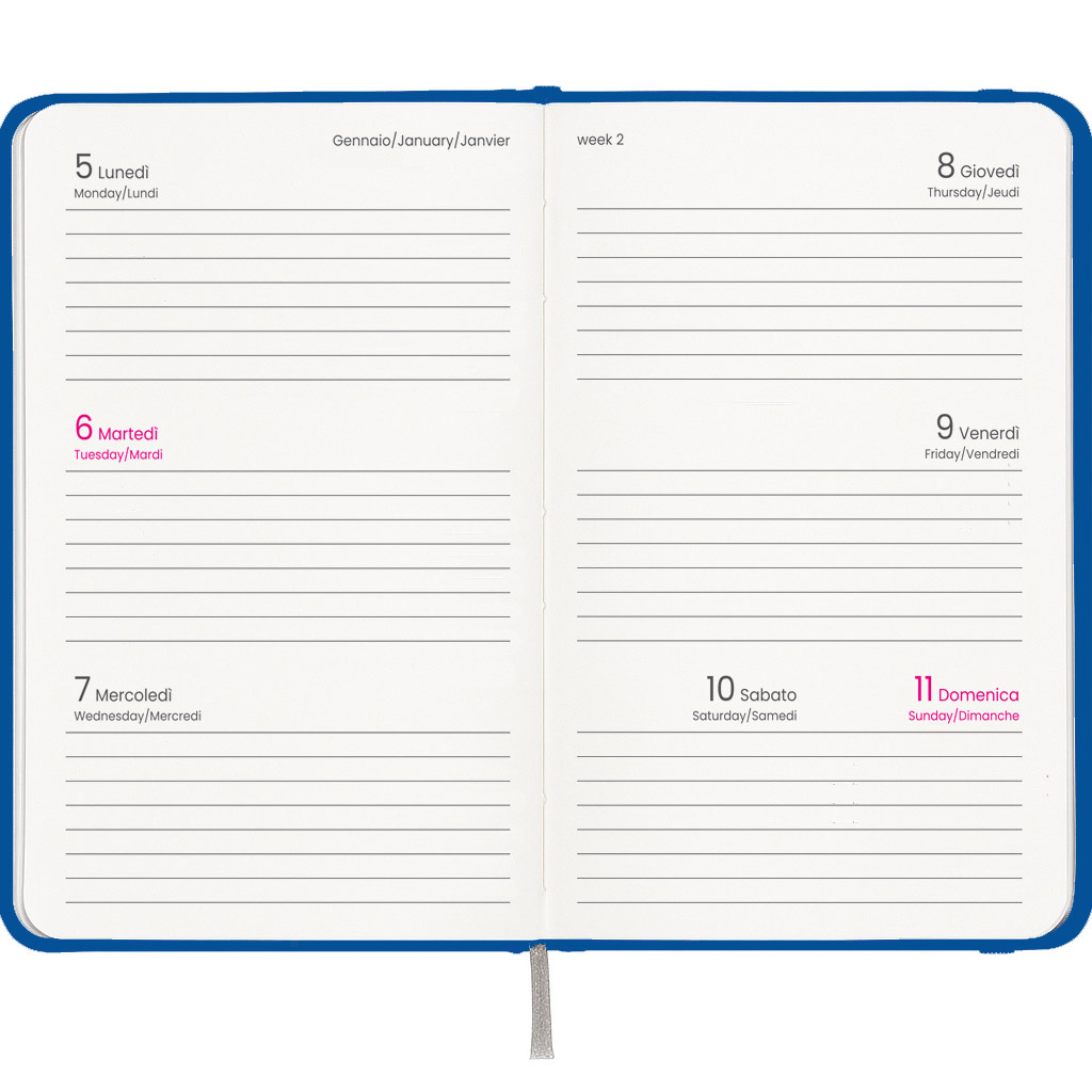 Agenda tascabile settimanale 2027. Copertina rigida in cartoncino laminato opaco