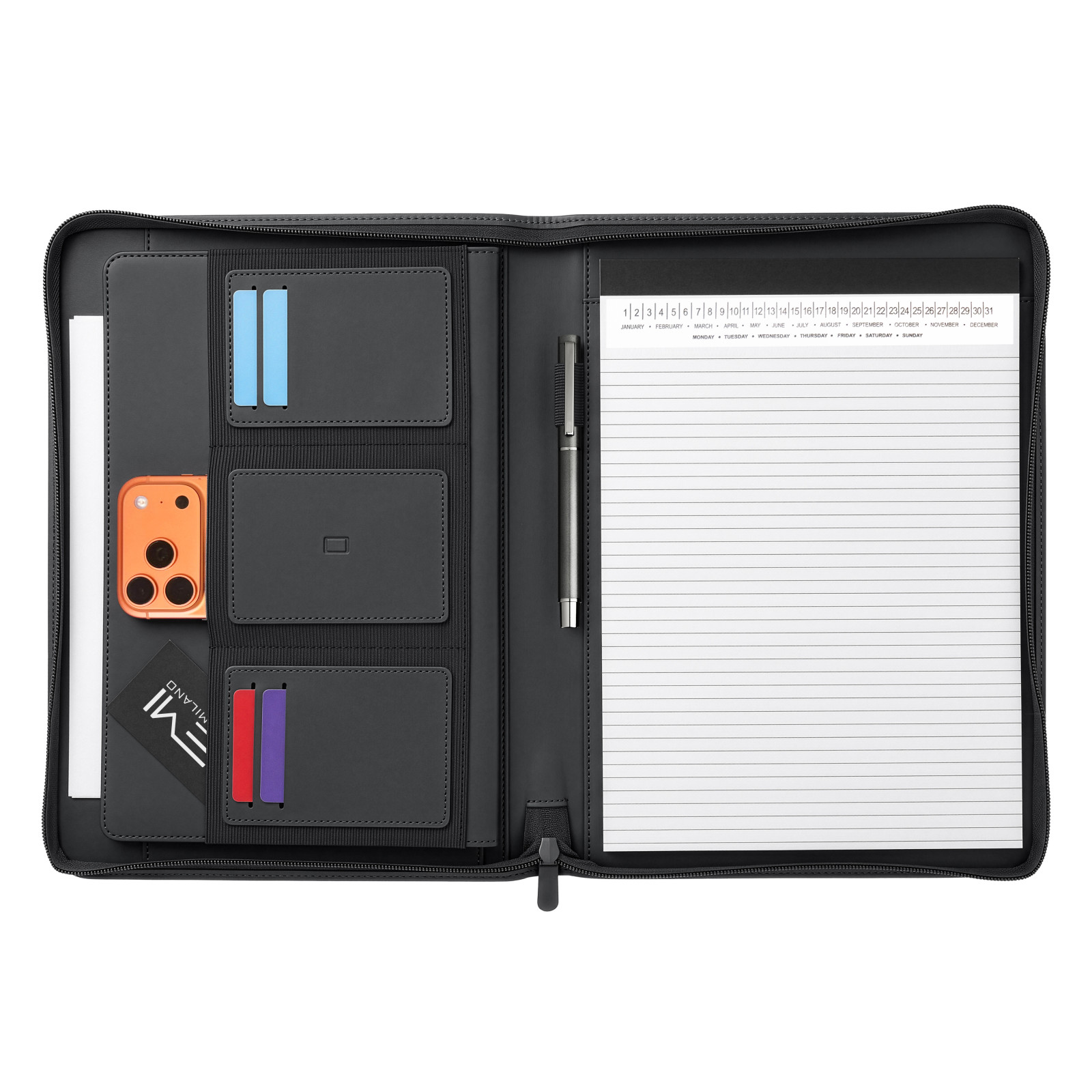 Portablocco A4 in PU riciclato con chiusura zip. Organizer interno con tasca
