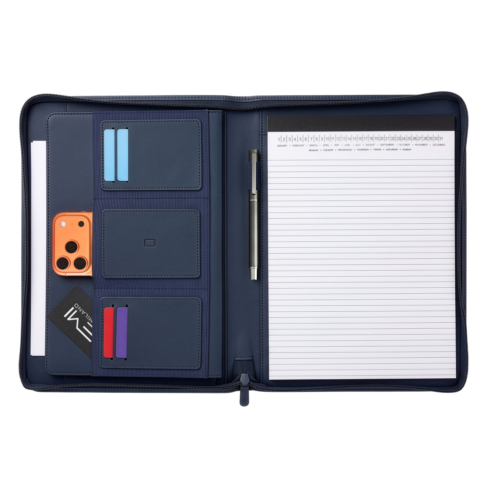 Portablocco A4 in PU riciclato con chiusura zip. Organizer interno con tasca