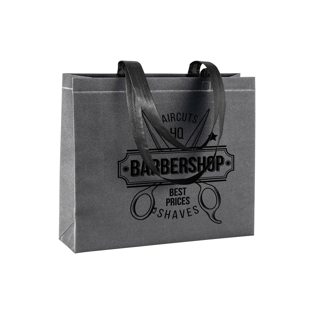 Shopper con soffietto in TNT laminato glitter 100 g/m2 termosaldato, manici corti