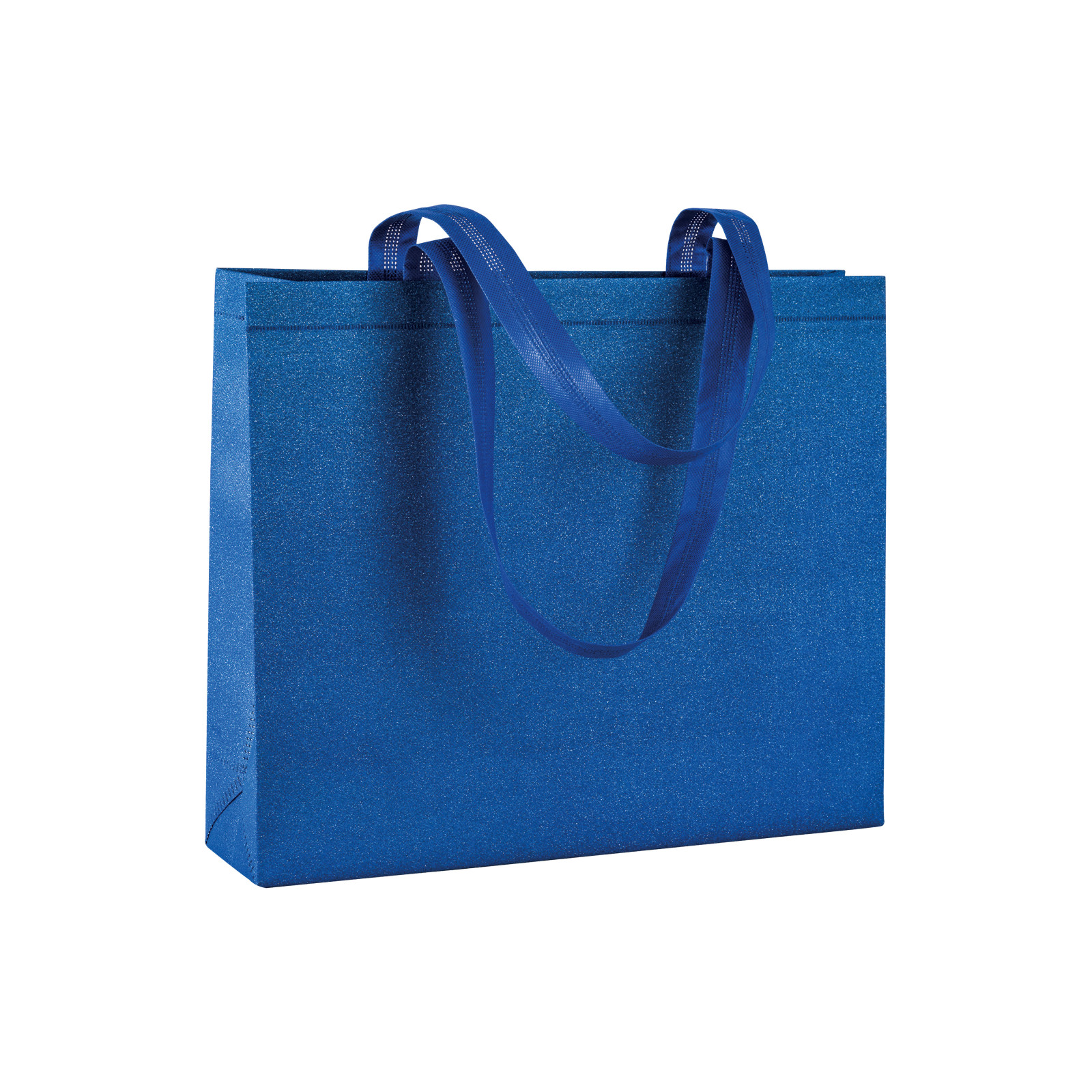 Shopper con soffietto in TNT laminato glitter 100 g/m2 termosaldato, manici corti