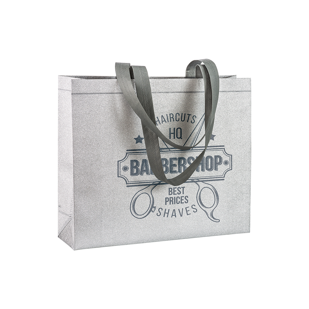 Shopper con soffietto in TNT laminato glitter 100 g/m2 termosaldato, manici corti
