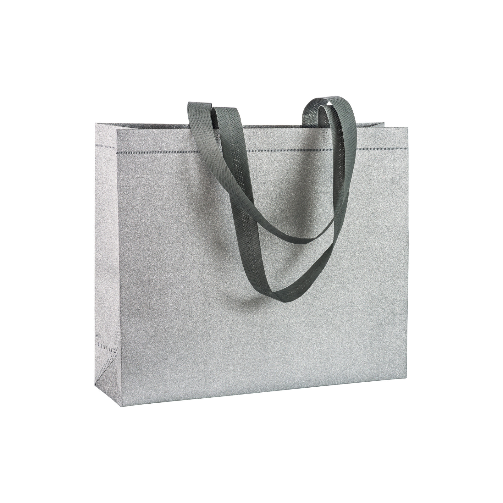 Shopper con soffietto in TNT laminato glitter 100 g/m2 termosaldato, manici corti