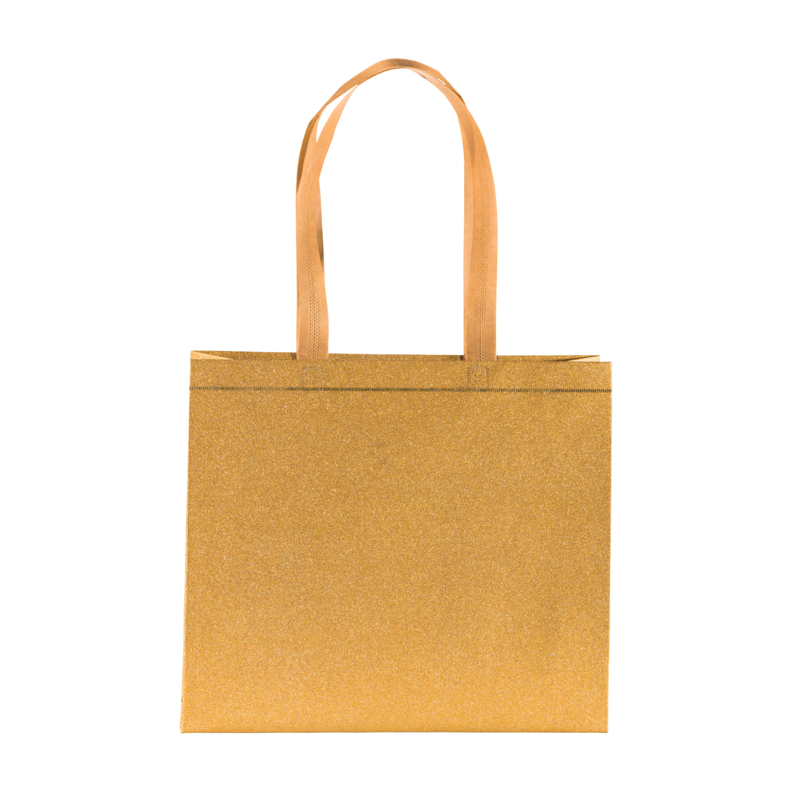 Shopper con soffietto in TNT laminato glitter 100 g/m2 termosaldato, manici corti