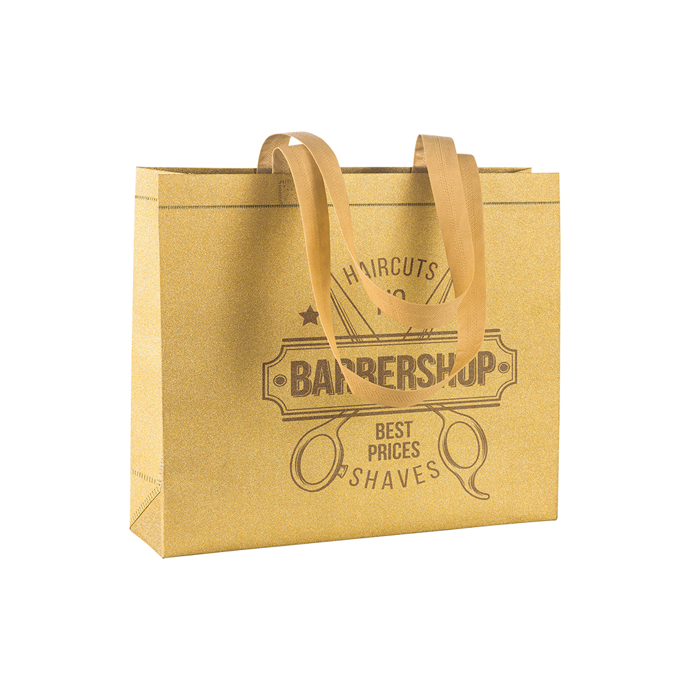 Shopper con soffietto in TNT laminato glitter 100 g/m2 termosaldato, manici corti