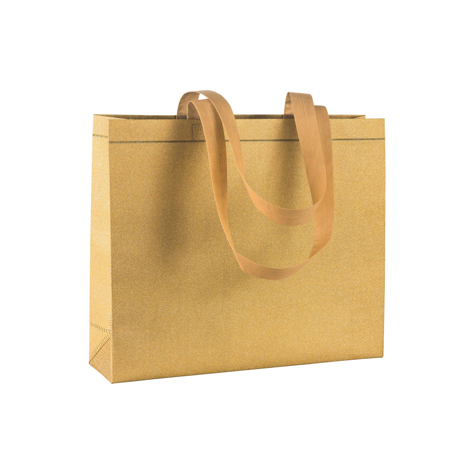 Shopper con soffietto in TNT laminato glitter 100 g/m2 termosaldato, manici corti