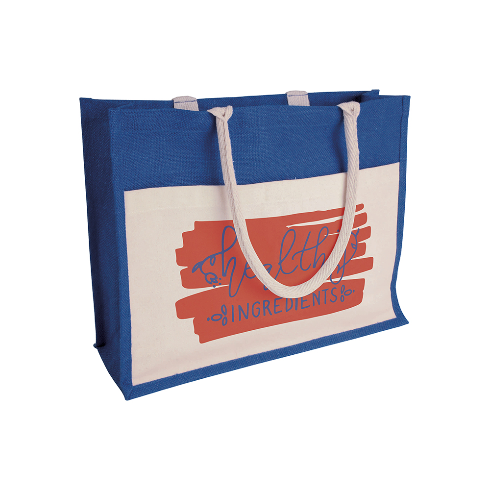 Borsa in juta con interno in PVC, soffietto, manici lunghi e tasca esterna