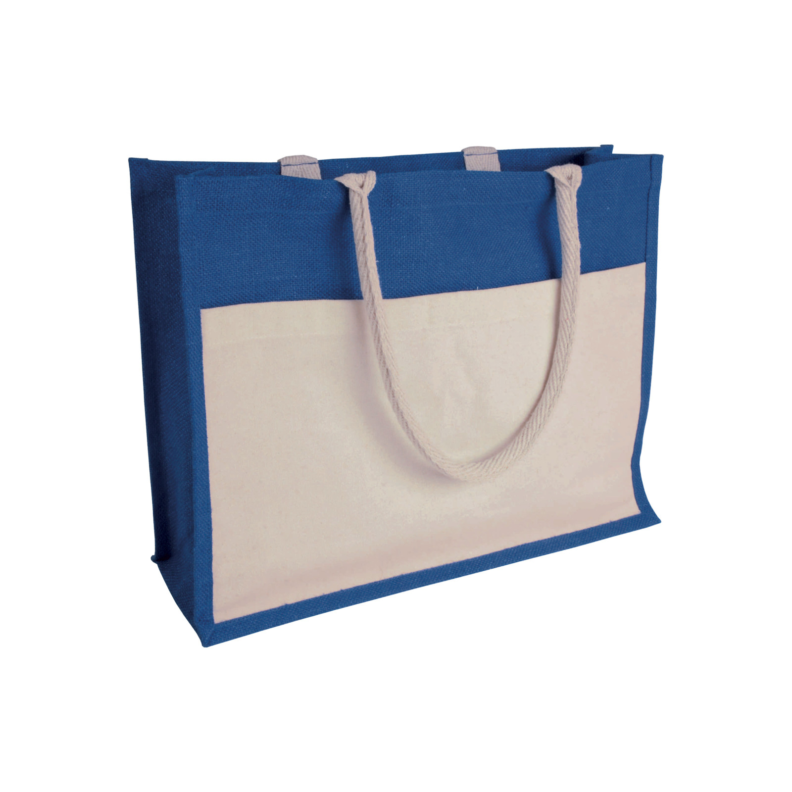 Borsa in juta con interno in PVC, soffietto, manici lunghi e tasca esterna